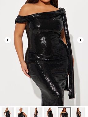 Off-Shoulder Black Sequin Evening Dress